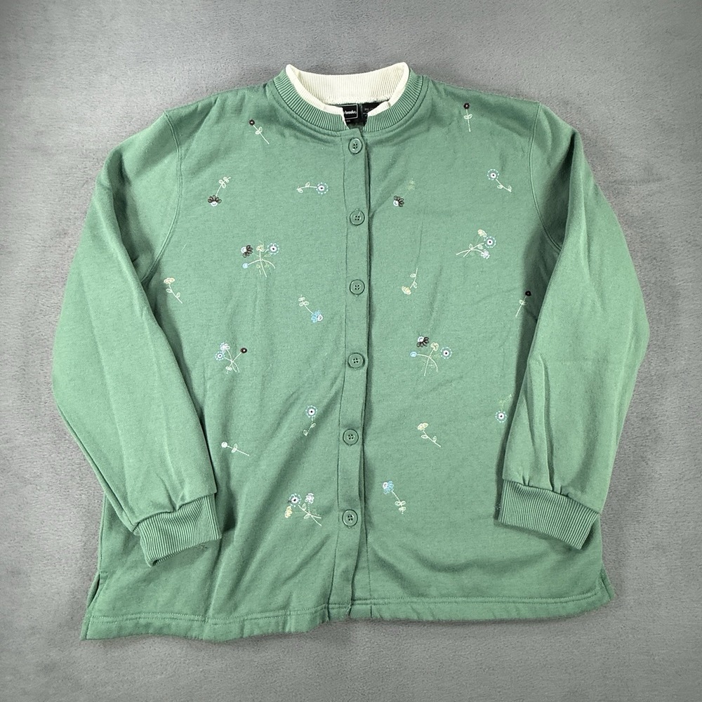 Vtg Bobbie Brooks Button Women 3XL 22w Cardigan Sweatshirt Sweater Green Floral
